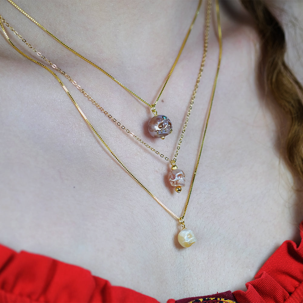 Carved Pearl Skull Śmaśana Gemstone Bead Necklace™ Skull Accessories – Macabre Beauty with a Touch of Color