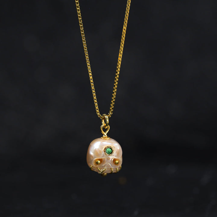 Carved Pearl Skull Śmaśana Gemstone Bead Necklace™ Skull Accessories – Macabre Beauty with a Touch of Color