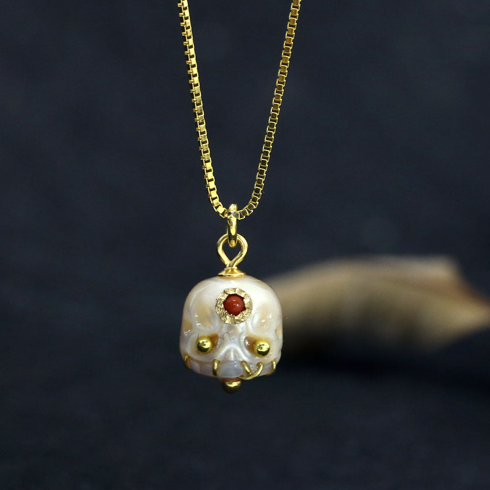 Carved Pearl Skull Śmaśana Gemstone Bead Necklace™ Skull Accessories – Macabre Beauty with a Touch of Color