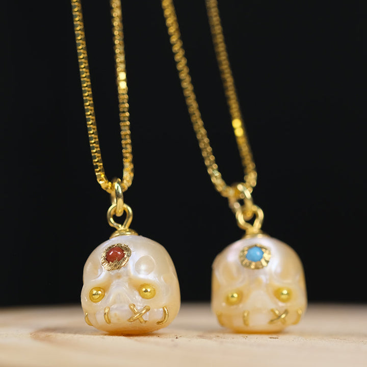 Carved Pearl Skull Śmaśana Gemstone Bead Necklace™ Skull Accessories – Macabre Beauty with a Touch of Color