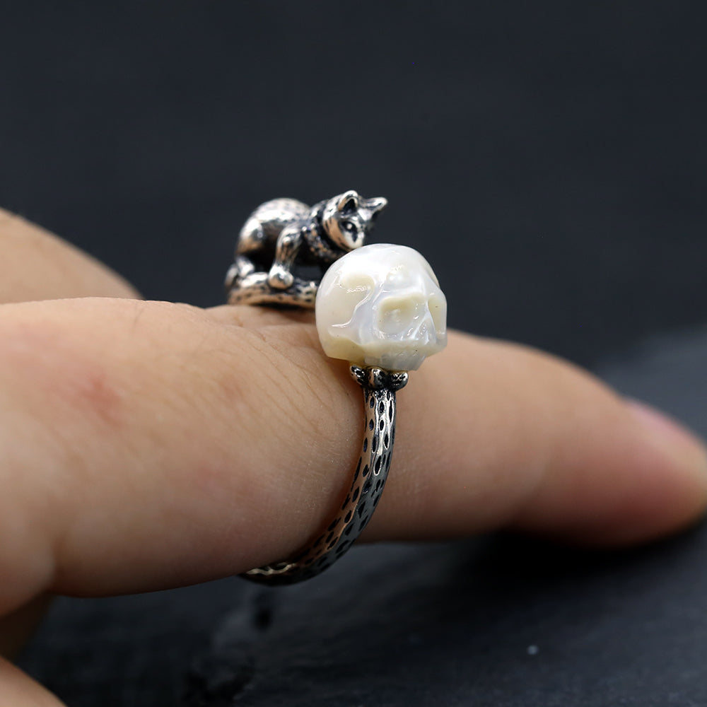 Celestial Cat Pearl Skull Ring™ Skull Accessories  – Mystical Elegance Meets Bold Mystery