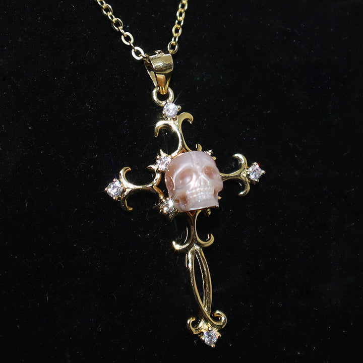 Baroque Carved Cross Pearl Skull Gemstone Pendant Necklace™ Skull Accessories  – Vintage-Inspired Cross Necklace with Carved Pearl Skull and CZ Accents