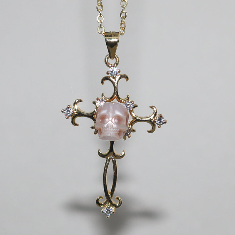 Baroque Carved Cross Pearl Skull Gemstone Pendant Necklace™ Skull Accessories  – Vintage-Inspired Cross Necklace with Carved Pearl Skull and CZ Accents