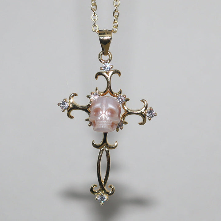 Baroque Carved Cross Pearl Skull Gemstone Pendant Necklace™ Skull Accessories  – Vintage-Inspired Cross Necklace with Carved Pearl Skull and CZ Accents
