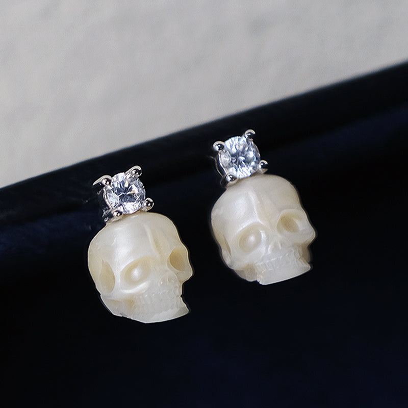 Art Deco Round Cubic Zirconia Pearl Skull CZ Stud Earrings™ Skull Accessories – Bold Elegance with a Classic Edge