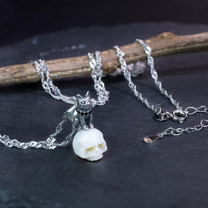 Distressed Celestial Cat Pearl Skull Necklace™ Skull Accessories  – Gothic Whimsy in a Cosmic Embrace