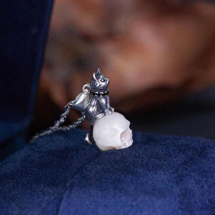 Distressed Celestial Cat Pearl Skull Necklace™ Skull Accessories  – Gothic Whimsy in a Cosmic Embrace