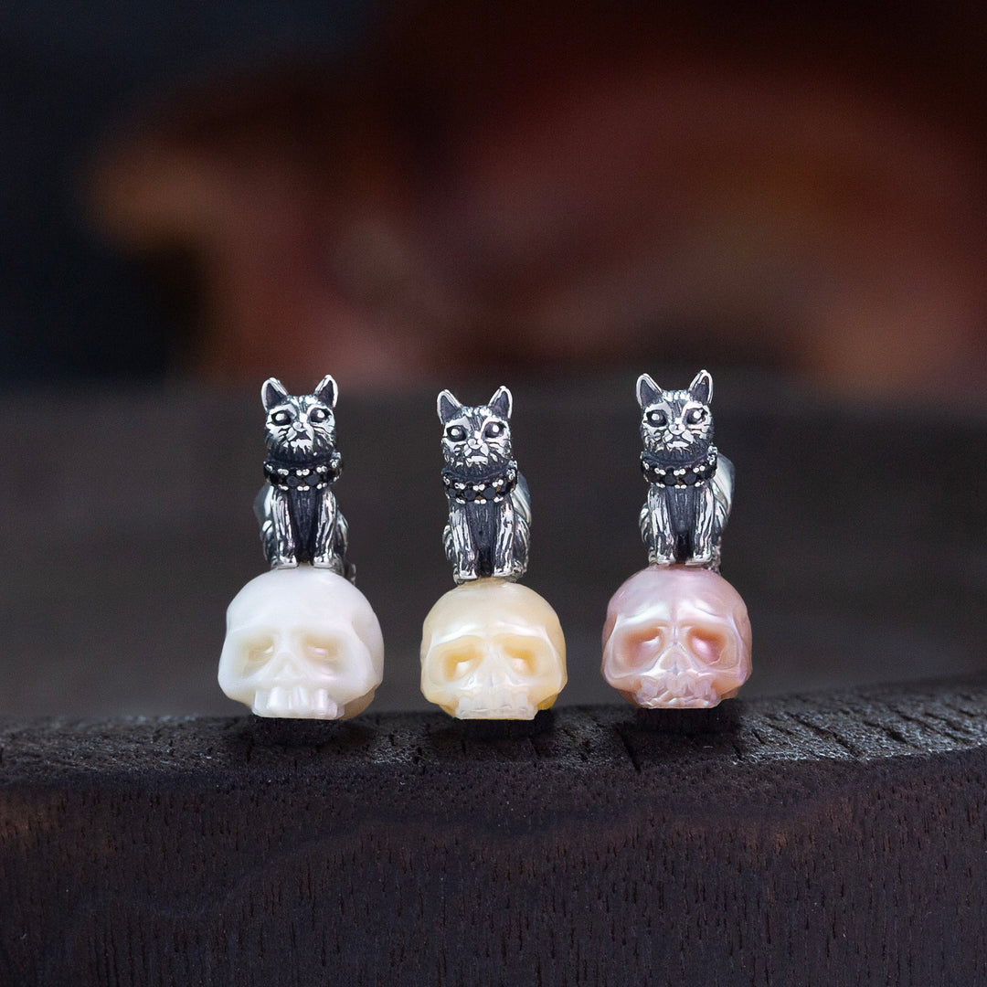 Distressed Celestial Cat Pearl Skull Necklace™ Skull Accessories  – Gothic Whimsy in a Cosmic Embrace
