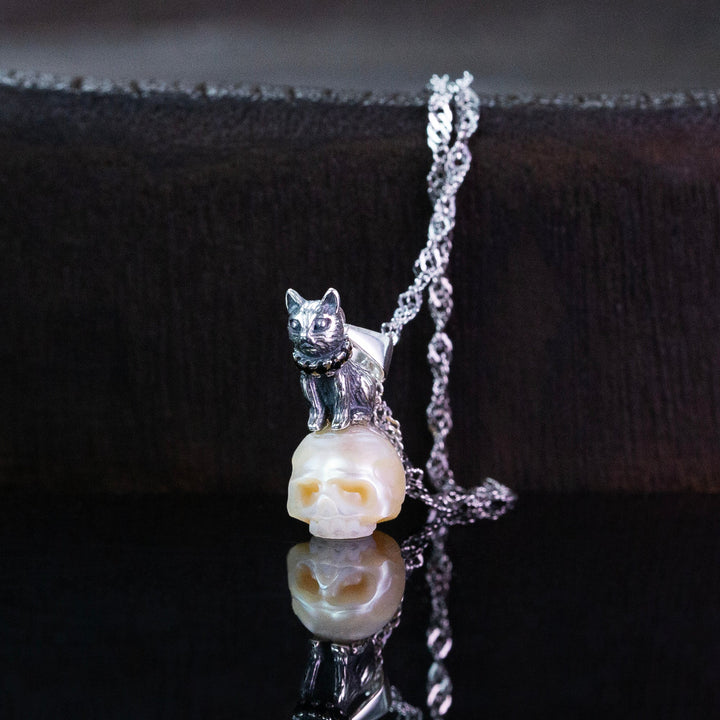 Distressed Celestial Cat Pearl Skull Necklace™ Skull Accessories  – Gothic Whimsy in a Cosmic Embrace