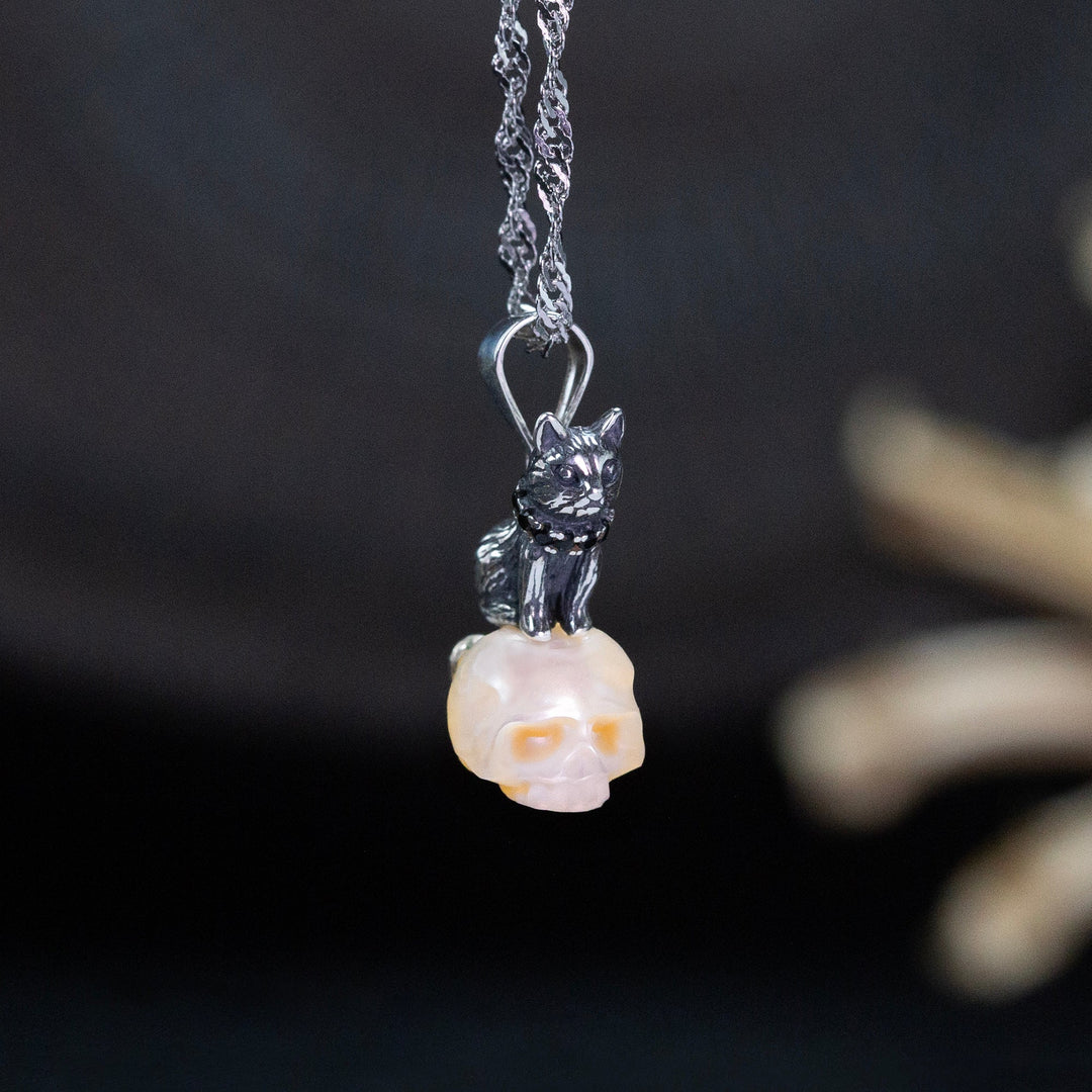 Distressed Celestial Cat Pearl Skull Necklace™ Skull Accessories  – Gothic Whimsy in a Cosmic Embrace