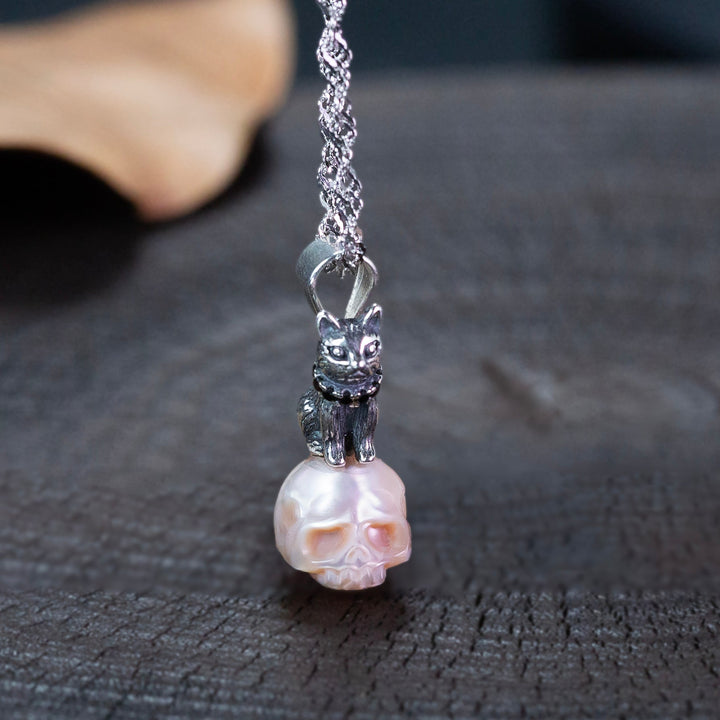 Distressed Celestial Cat Pearl Skull Necklace™ Skull Accessories  – Gothic Whimsy in a Cosmic Embrace