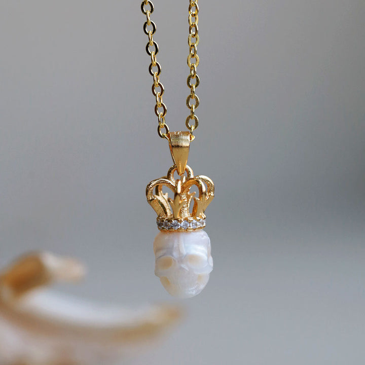 Elegant Pearl Skull Crown Necklace™ Skull Accessories - Regal Pearl Skull Pendant with Jeweled Crown
