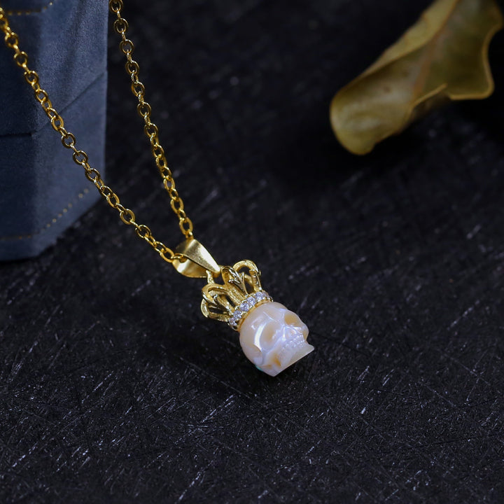 Elegant Pearl Skull Crown Necklace™ Skull Accessories - Regal Pearl Skull Pendant with Jeweled Crown