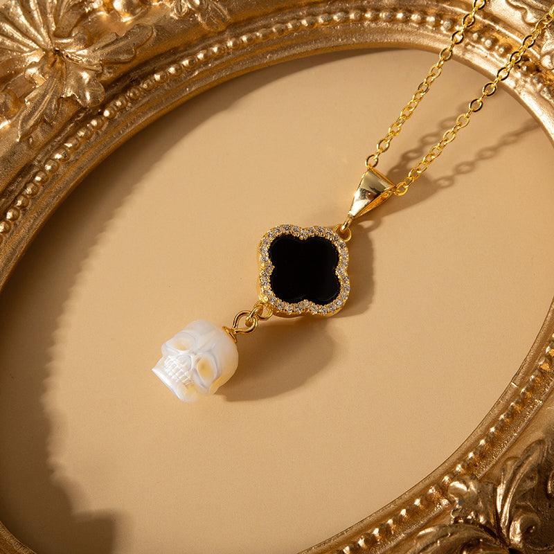 Four-Leaf Clover Pearl Skull Pendant Necklace™ Skull Accessories – Gothic Clover Pendant with Pearl Skull and CZ Halo