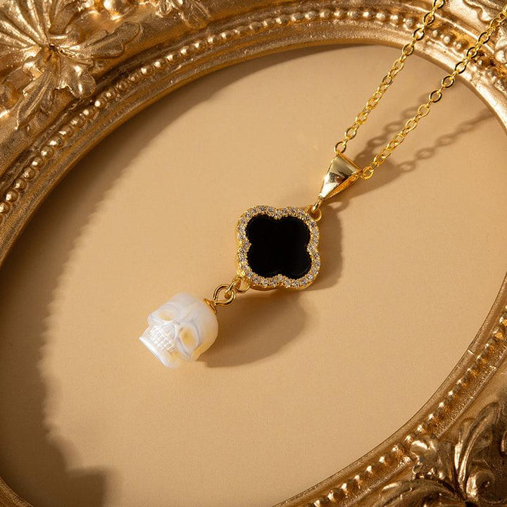 Four-Leaf Clover Pearl Skull Pendant Necklace™ Skull Accessories – Gothic Clover Pendant with Pearl Skull and CZ Halo