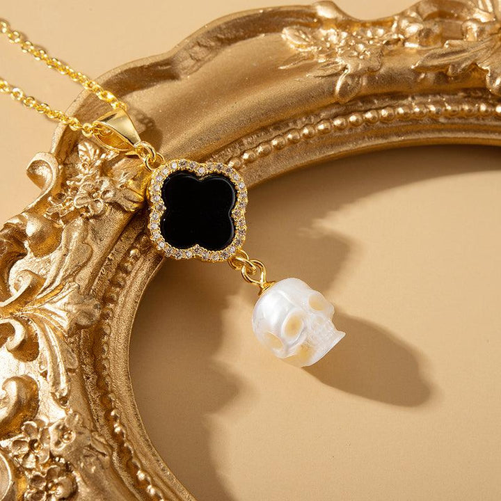 Four-Leaf Clover Pearl Skull Pendant Necklace™ Skull Accessories – Gothic Clover Pendant with Pearl Skull and CZ Halo