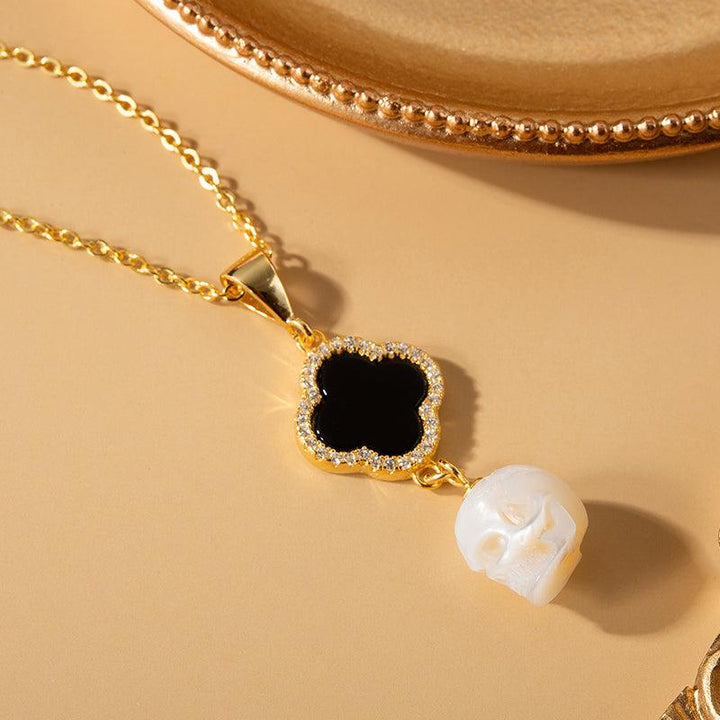 Four-Leaf Clover Pearl Skull Pendant Necklace™ Skull Accessories – Gothic Clover Pendant with Pearl Skull and CZ Halo