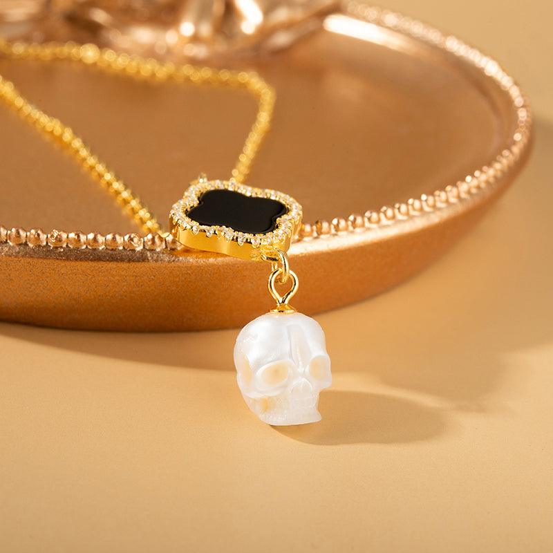 Four-Leaf Clover Pearl Skull Pendant Necklace™ Skull Accessories – Gothic Clover Pendant with Pearl Skull and CZ Halo