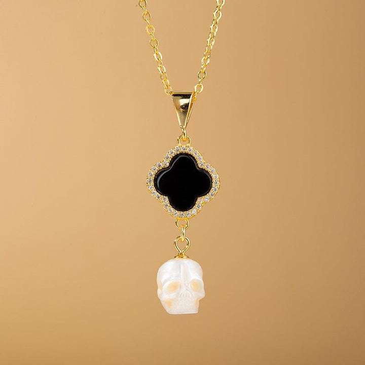 Four-Leaf Clover Pearl Skull Pendant Necklace™ Skull Accessories – Gothic Clover Pendant with Pearl Skull and CZ Halo