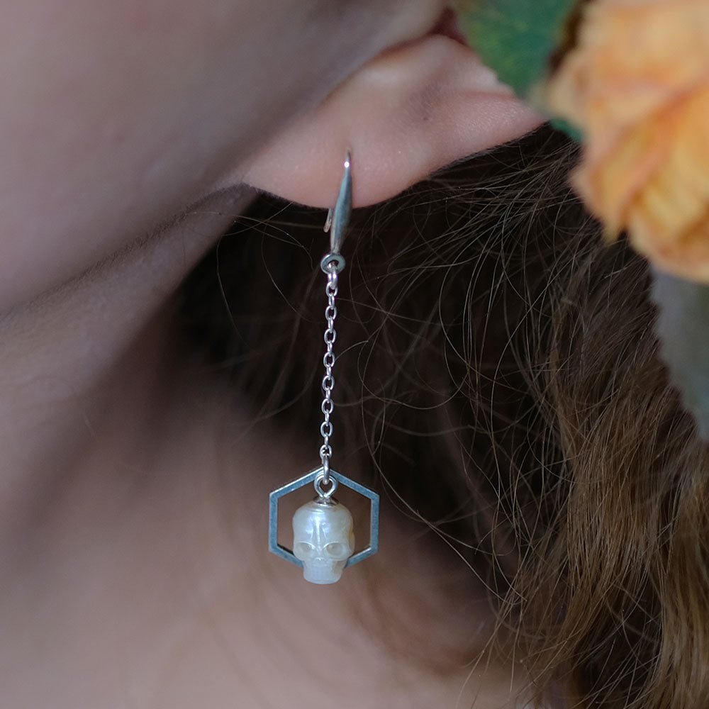 Geometric Hexagonal Pearl Skull Drop Earrings™ Skull Accessories  – Modern Elegance with an Edge
