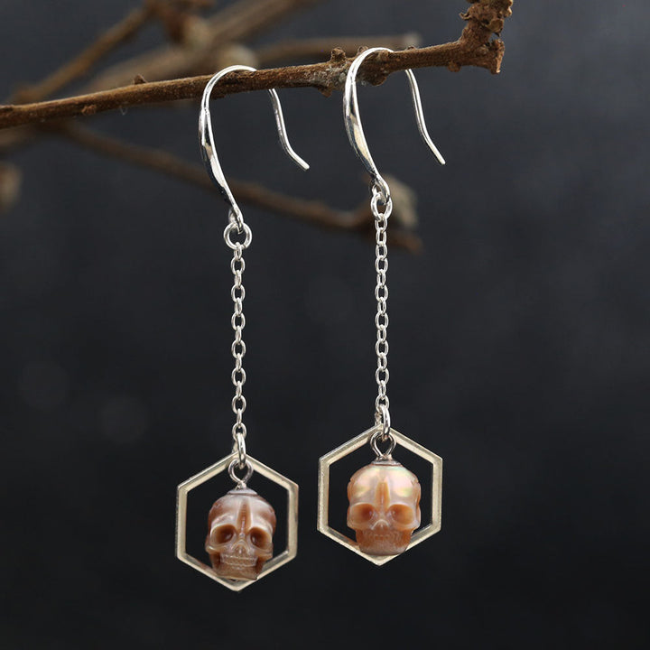 Geometric Hexagonal Pearl Skull Drop Earrings™ Skull Accessories  – Modern Elegance with an Edge