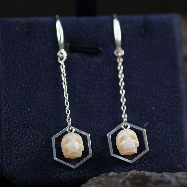 Geometric Hexagonal Pearl Skull Drop Earrings™ Skull Accessories  – Modern Elegance with an Edge
