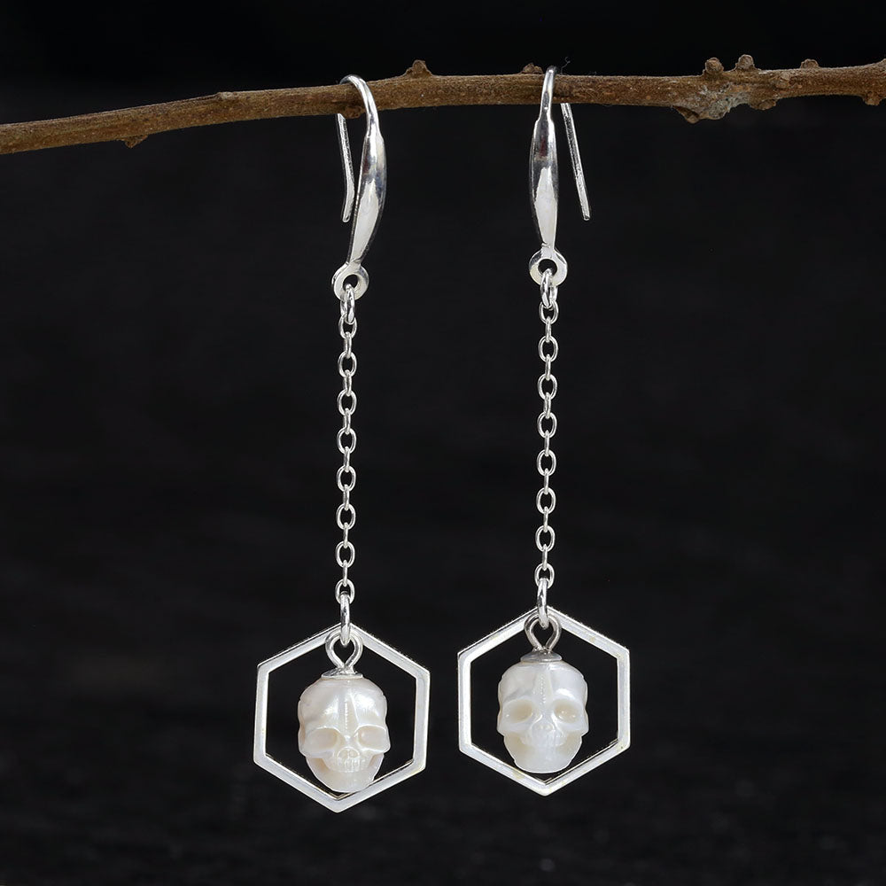 Geometric Hexagonal Pearl Skull Drop Earrings™ Skull Accessories  – Modern Elegance with an Edge