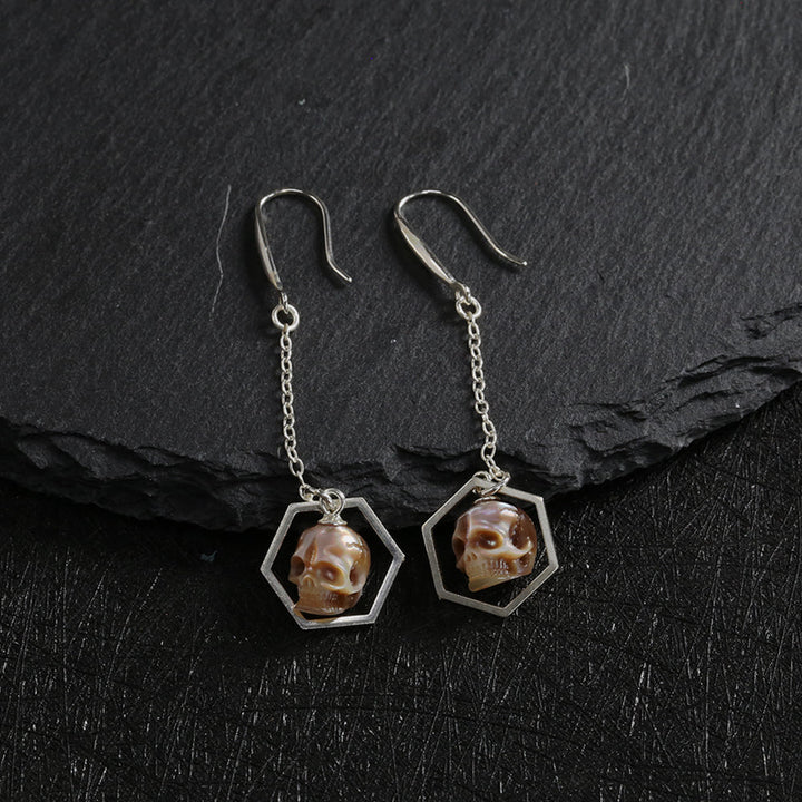 Geometric Hexagonal Pearl Skull Drop Earrings™ Skull Accessories  – Modern Elegance with an Edge