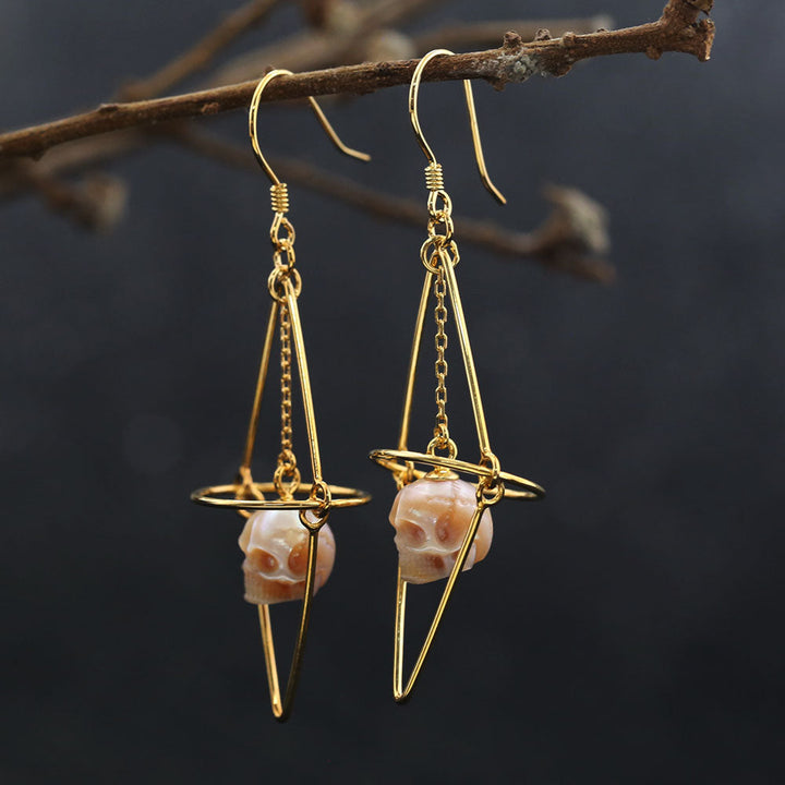 Geometric Pearl Skull Cage Dangle Earrings™ Skull Accessories – Modern Edge Meets Whimsical Elegance