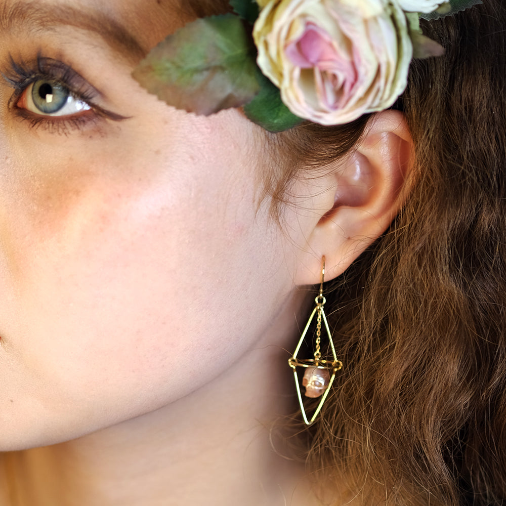 Geometric Pearl Skull Cage Dangle Earrings™ Skull Accessories – Modern Edge Meets Whimsical Elegance