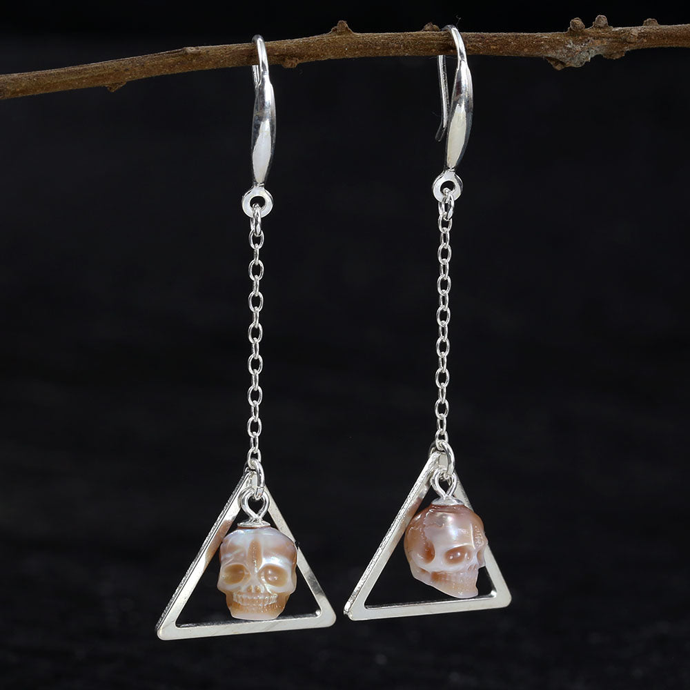 Geometric Pearl Skull Triangle Openwork Dangle Earrings™ Skull Accessories – Modern Elegance with Edgy Pearl Skull Charm