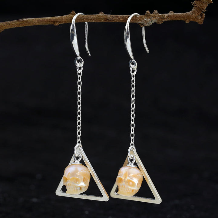 Geometric Pearl Skull Triangle Openwork Dangle Earrings™ Skull Accessories – Modern Elegance with Edgy Pearl Skull Charm