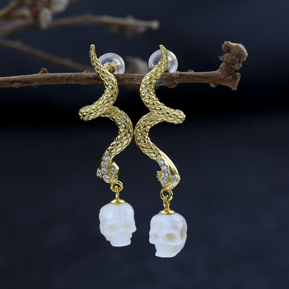 Gold Snake Pearl Skull Earrings™ Skull Accessories – Luxurious Dangle with Rebellious Charm