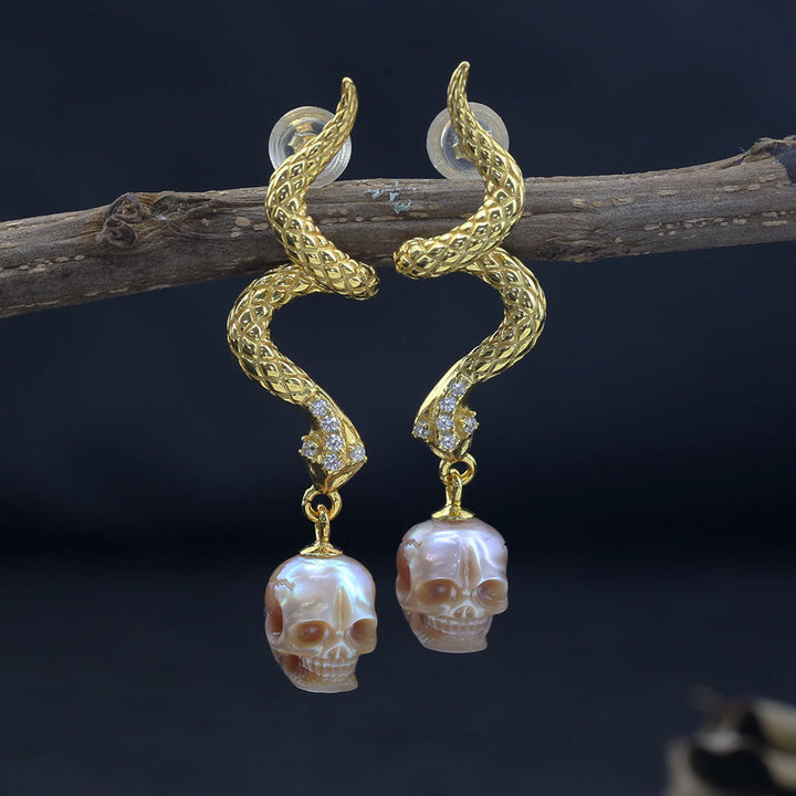 Gold Snake Pearl Skull Earrings™ Skull Accessories – Luxurious Dangle with Rebellious Charm