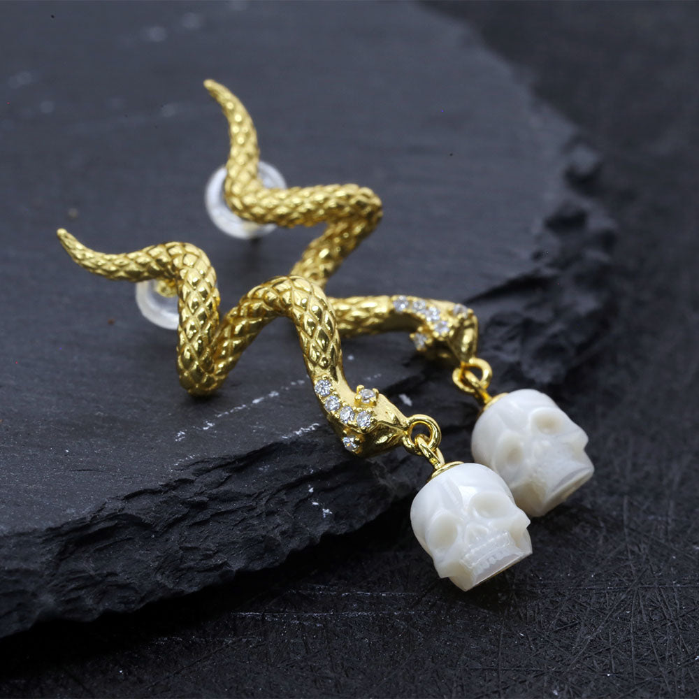 Gold Snake Pearl Skull Earrings™ Skull Accessories – Luxurious Dangle with Rebellious Charm