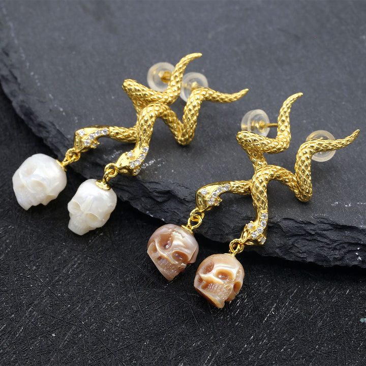 Gold Snake Pearl Skull Earrings™ Skull Accessories – Luxurious Dangle with Rebellious Charm