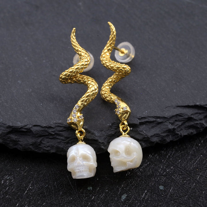 Gold Snake Pearl Skull Earrings™ Skull Accessories – Luxurious Dangle with Rebellious Charm
