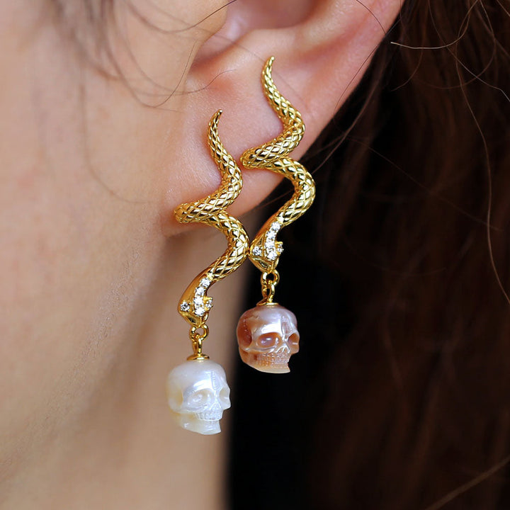 Gold Snake Pearl Skull Earrings™ Skull Accessories – Luxurious Dangle with Rebellious Charm