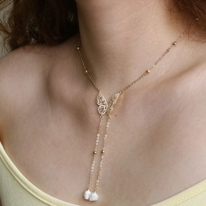 Golden Butterfly Gemstone Skull Pearl CZ Pendant Necklace™ Skull Accessories – Elegance Meets Bold Transformation