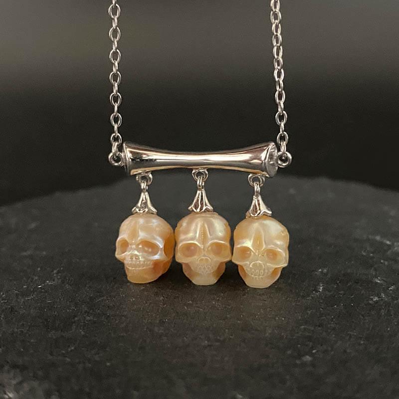 Gothic Three Stone Pearl Skulls Necklace™ Skull Accessories – Elegance Entwined with Mystery