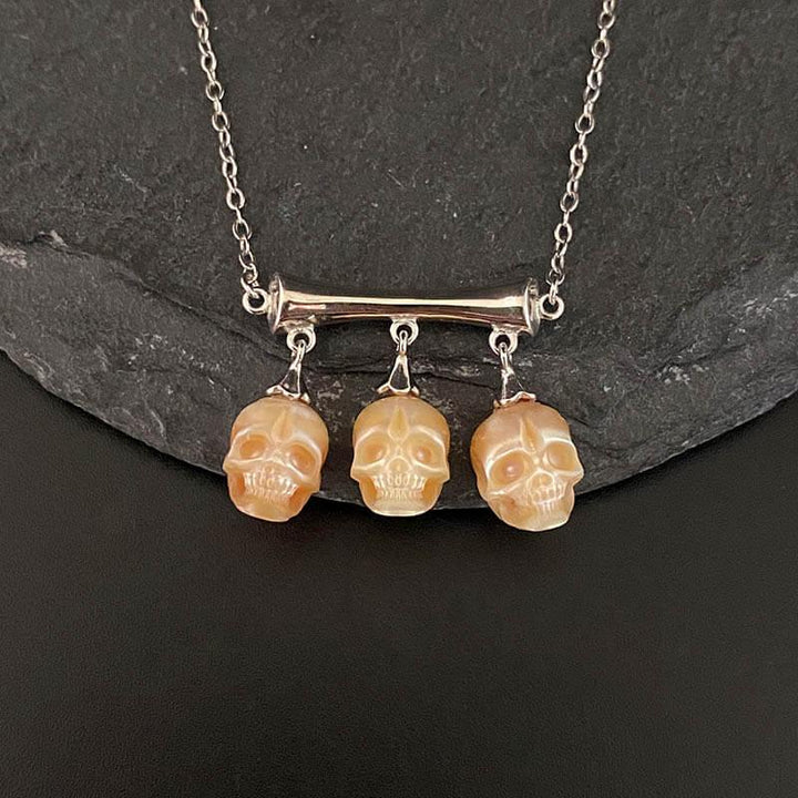 Gothic Three Stone Pearl Skulls Necklace™ Skull Accessories – Elegance Entwined with Mystery