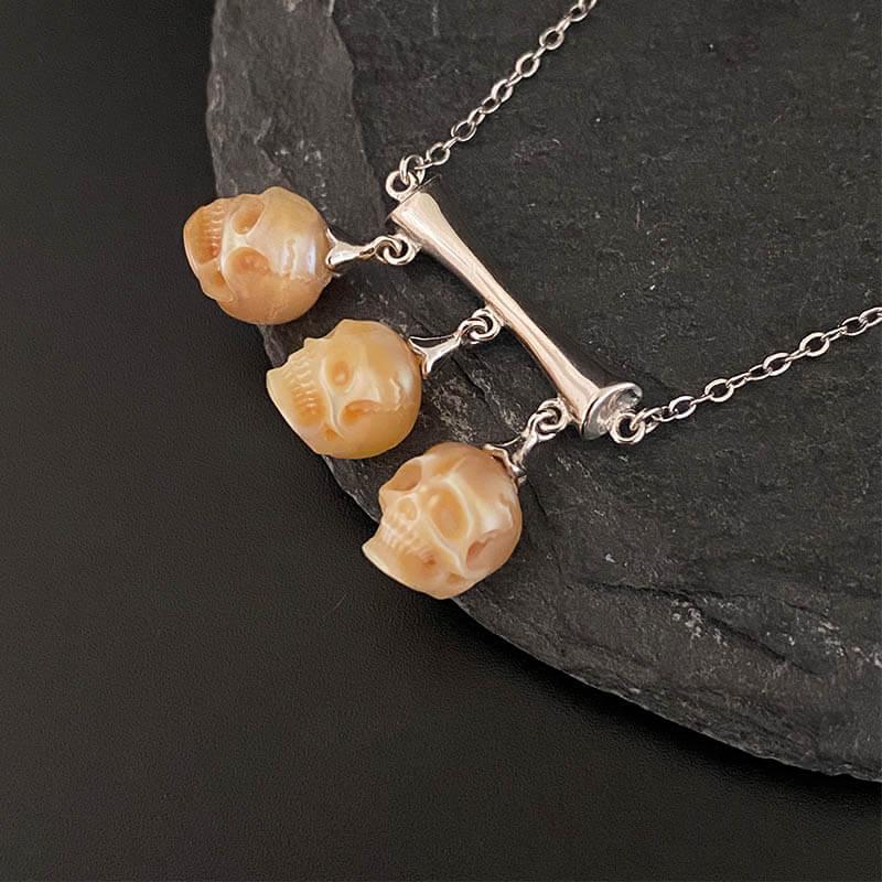 Gothic Three Stone Pearl Skulls Necklace™ Skull Accessories – Elegance Entwined with Mystery