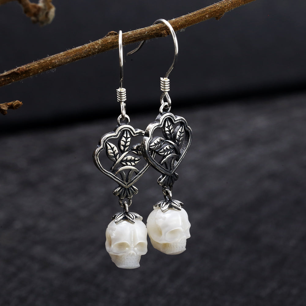 Green Leaf Branches Pearl Skull Drop Earrings™ Skull Accessories – Nature’s Elegance Meets Bold Edge