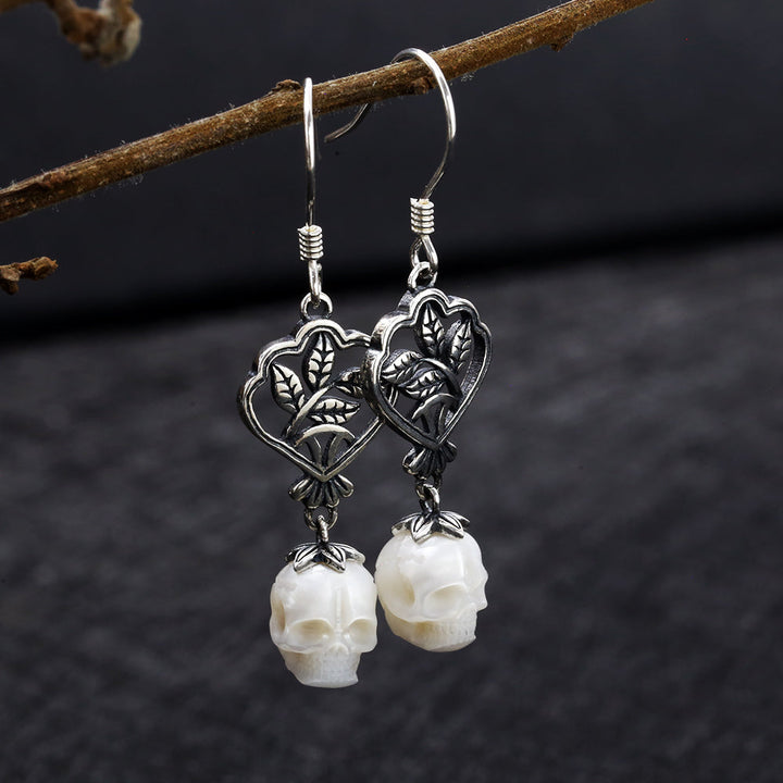 Green Leaf Branches Pearl Skull Drop Earrings™ Skull Accessories – Nature’s Elegance Meets Bold Edge