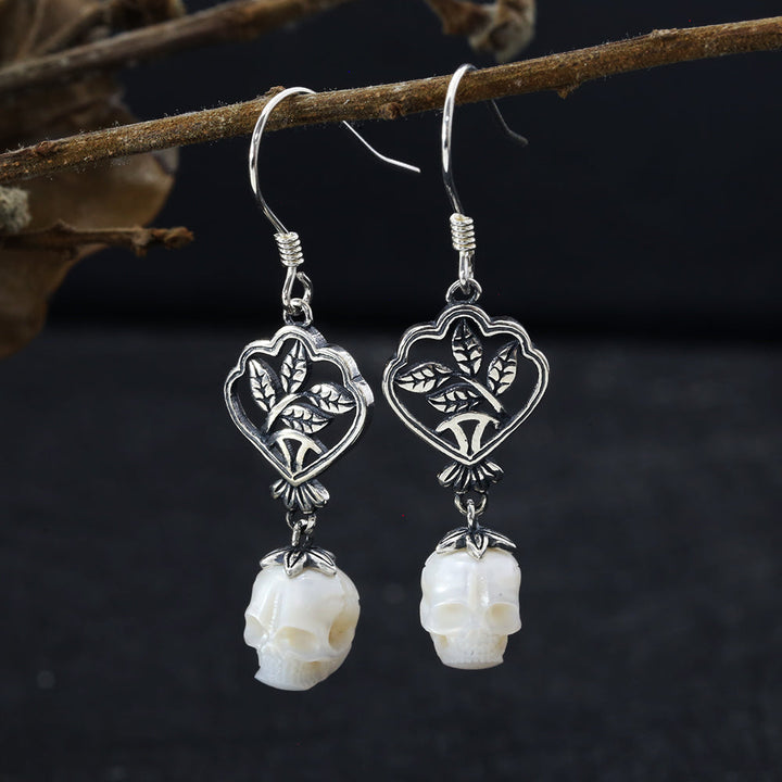 Green Leaf Branches Pearl Skull Drop Earrings™ Skull Accessories – Nature’s Elegance Meets Bold Edge