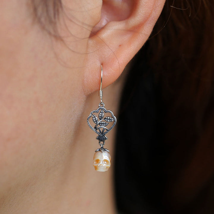 Green Leaf Branches Pearl Skull Drop Earrings™ Skull Accessories – Nature’s Elegance Meets Bold Edge
