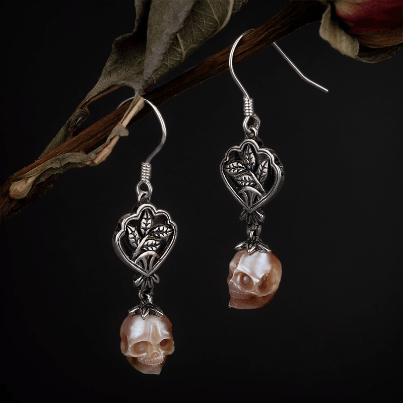 Green Leaf Branches Pearl Skull Drop Earrings™ Skull Accessories – Nature’s Elegance Meets Bold Edge