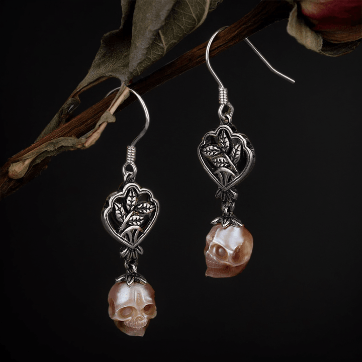 Green Leaf Branches Pearl Skull Drop Earrings™ Skull Accessories – Nature’s Elegance Meets Bold Edge