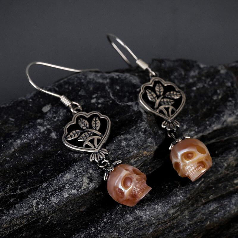 Green Leaf Branches Pearl Skull Drop Earrings™ Skull Accessories – Nature’s Elegance Meets Bold Edge