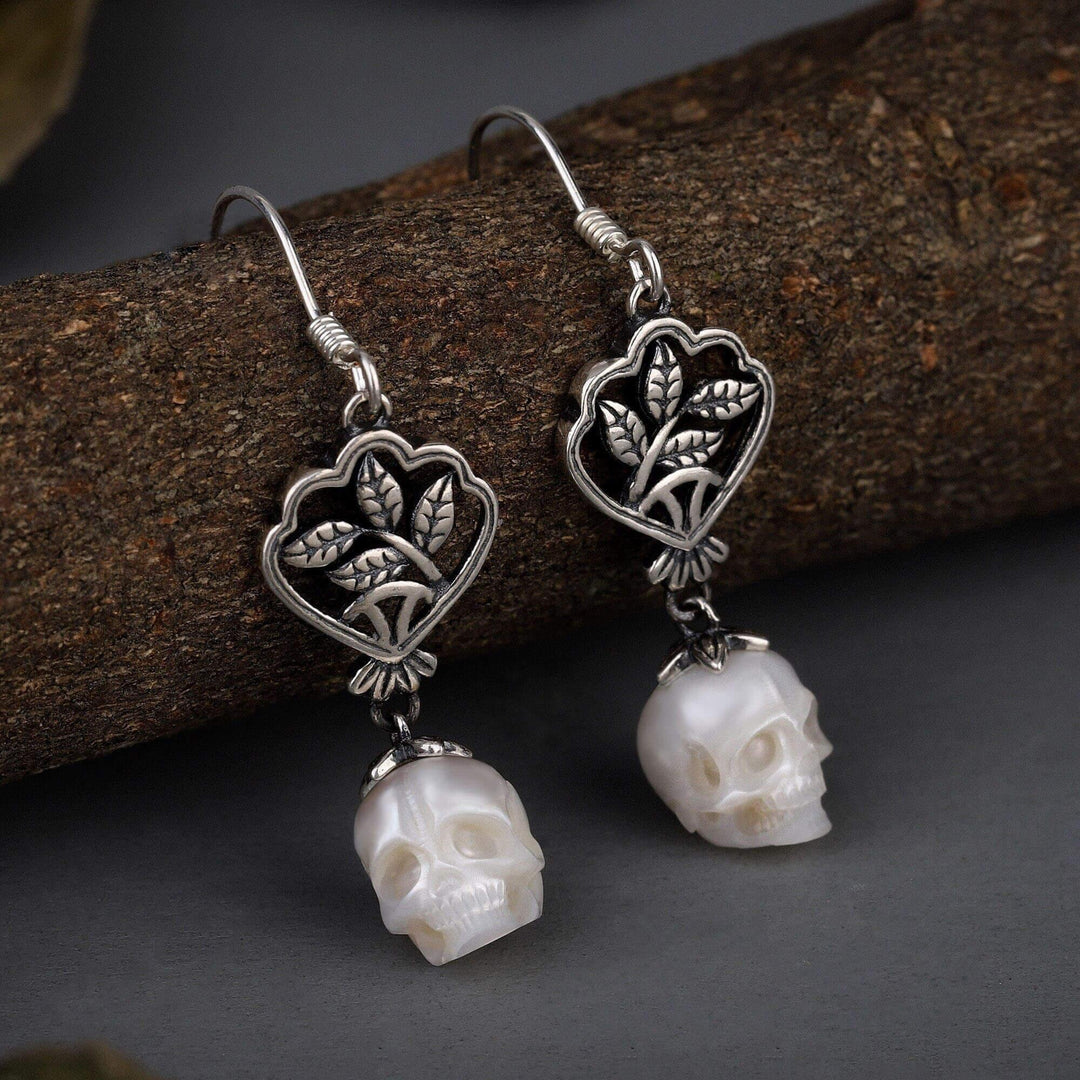 Green Leaf Branches Pearl Skull Drop Earrings™ Skull Accessories – Nature’s Elegance Meets Bold Edge